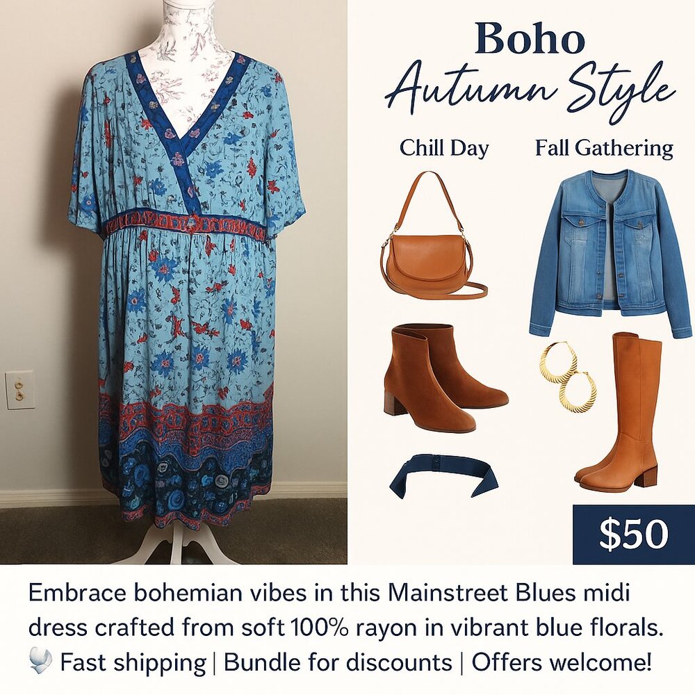 ✨ Mainstreet Blues Boho Maxi Dress – 16W – Fall & Winter Chic